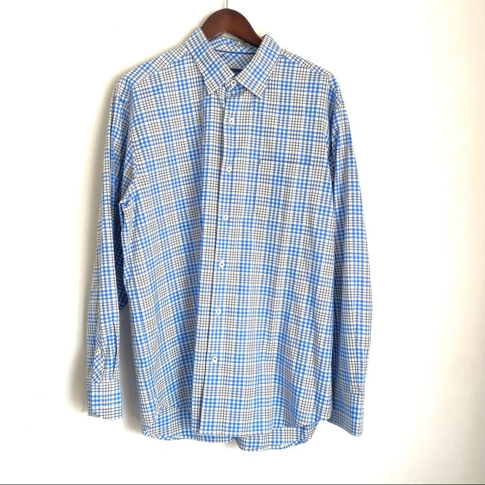 TOMMY BAHAMA Mens Large Blue Brown Plaid Button Up Shirt P6